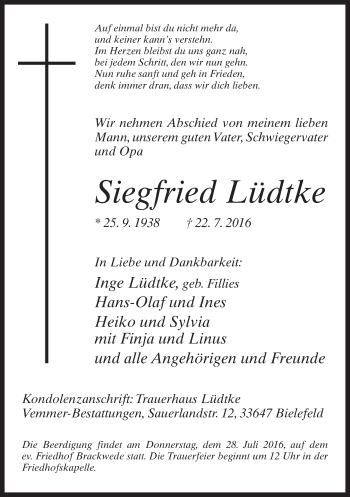 Traueranzeige von Siegfried Lüdtke von Neue Westfälische
