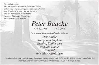 Traueranzeige von Peter Baacke von Neue Westfälische