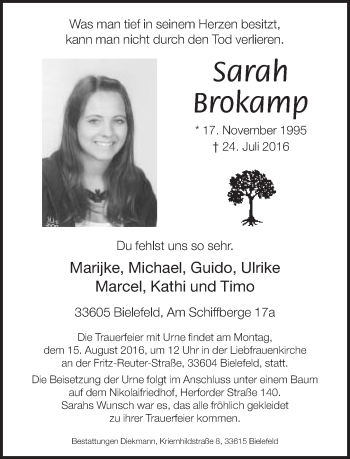Traueranzeige von Sarah Brokamp von Neue Westfälische