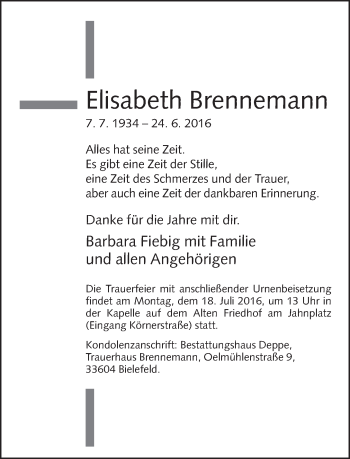 Traueranzeige von Elisabeth Brennemann von Neue Westfälische
