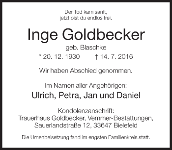 Traueranzeige von Inge Goldbecker von Neue Westfälische