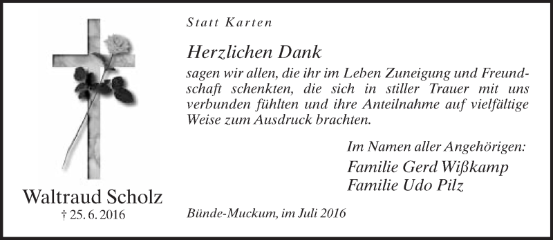  Traueranzeige für Waltraud Scholz vom 23.07.2016 aus Neue Westfälische
