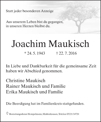 Traueranzeige von Joachim Maukisch von Neue Westfälische