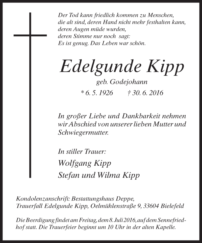  Traueranzeige für Edelgunde Kipp vom 02.07.2016 aus Neue Westfälische