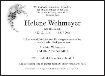 Traueranzeige von Helene Wehmeyer von Neue Westfälische