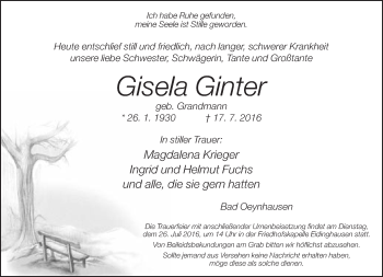 Traueranzeige von Gisela Ginter