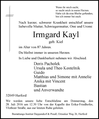 Traueranzeige von Irmgard Kayl von Neue Westfälische