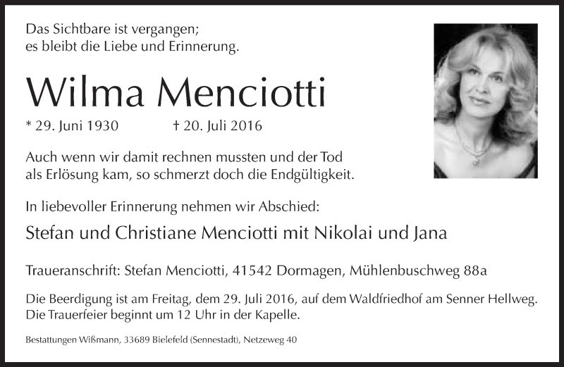  Traueranzeige für Wilma Menciotti vom 25.07.2016 aus Neue Westfälische