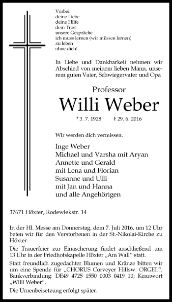 Traueranzeige von Willi Weber von Neue Westfälische