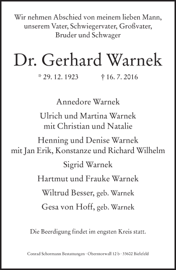 Traueranzeige von Gerhard Warnek von Neue Westfälische