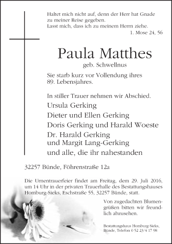 Traueranzeige von Paula Matthes von Neue Westfälische