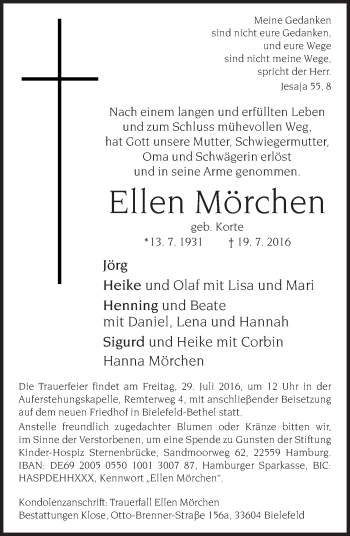 Traueranzeige von Ellen Mörchen von Neue Westfälische