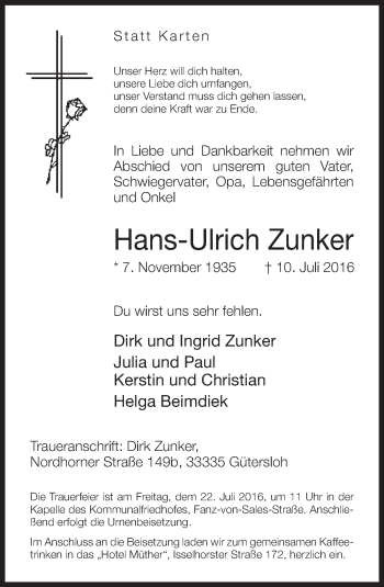 Traueranzeige von Hans-Ulrich Zunker von Neue Westfälische