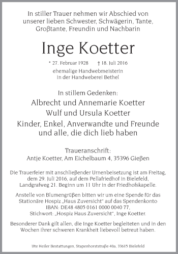 Traueranzeige von Inge Koetter von Neue Westfälische