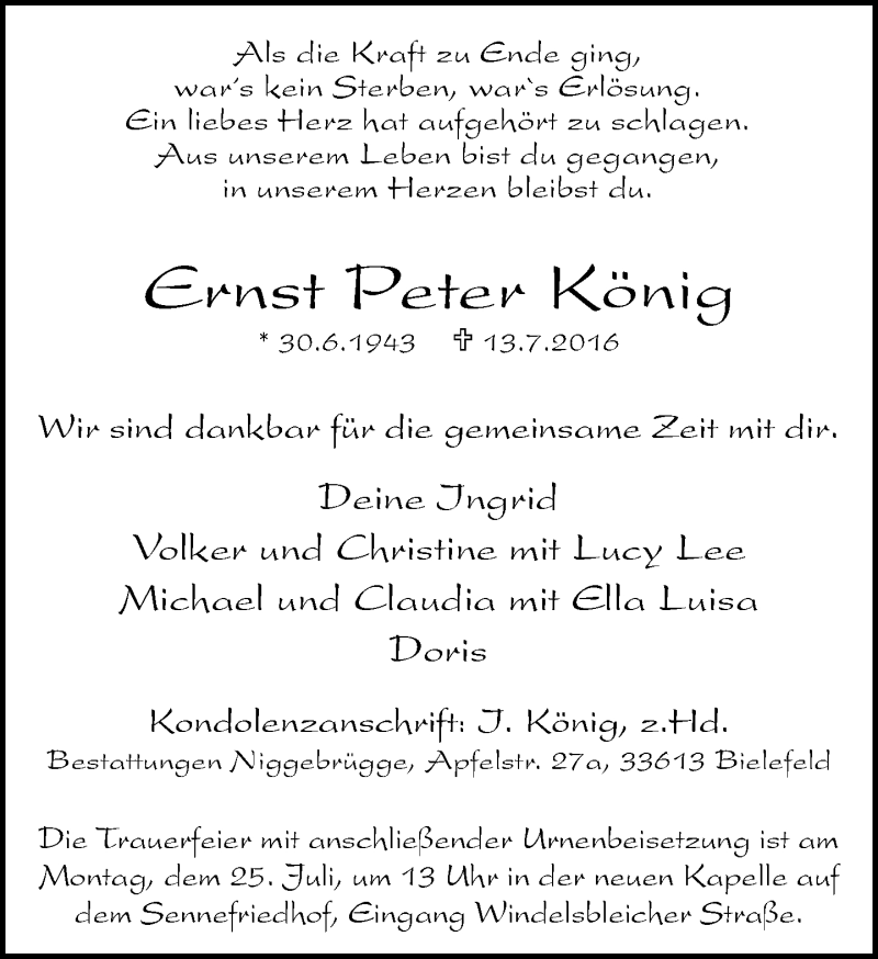  Traueranzeige für Ernst Peter König vom 16.07.2016 aus Neue Westfälische