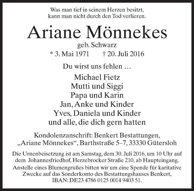  Traueranzeige für Ariane Mönnekes vom 23.07.2016 aus Neue Westfälische