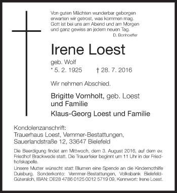 Traueranzeige von Irene Loest von Neue Westfälische