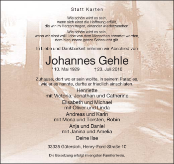 Traueranzeige von Johannes Gehle von Neue Westfälische