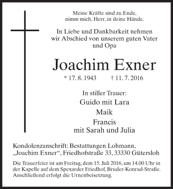 Traueranzeige von Joachim Exner von Neue Westfälische