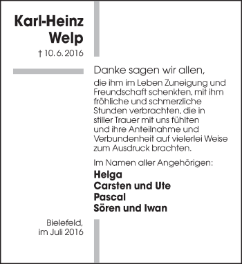 Traueranzeige von Karl-Heinz Welp von Neue Westfälische