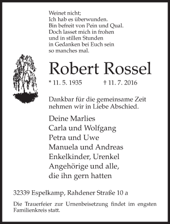 Traueranzeige von Robert Rossel von Neue Westfälische