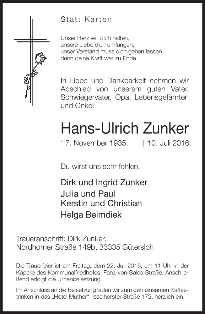  Traueranzeige für Hans-Ulrich Zunker vom 15.07.2016 aus Neue Westfälische