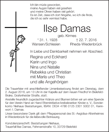 Traueranzeige von Ilse Damas von Neue Westfälische