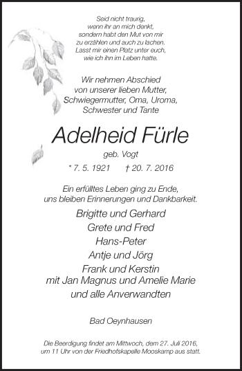 Traueranzeige von Adelheid Fürle