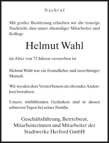Traueranzeige von Helmut Wahl von Neue Westfälische