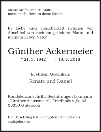 Traueranzeige von Günther Ackermeier von Neue Westfälische