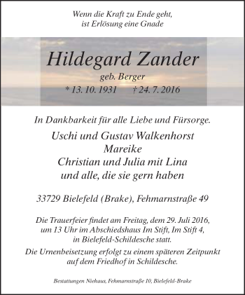 Traueranzeige von Hildegard Zander von Neue Westfälische