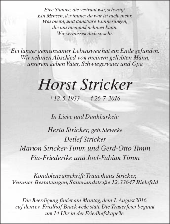 Traueranzeige von Horst Stricker von Neue Westfälische