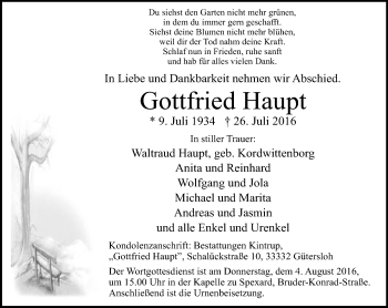 Traueranzeige von Gottfried Haupt von Neue Westfälische