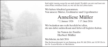 Traueranzeige von Anneliese Müller von Neue Westfälische