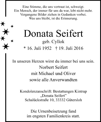 Traueranzeige von Donata Seifert von Neue Westfälische