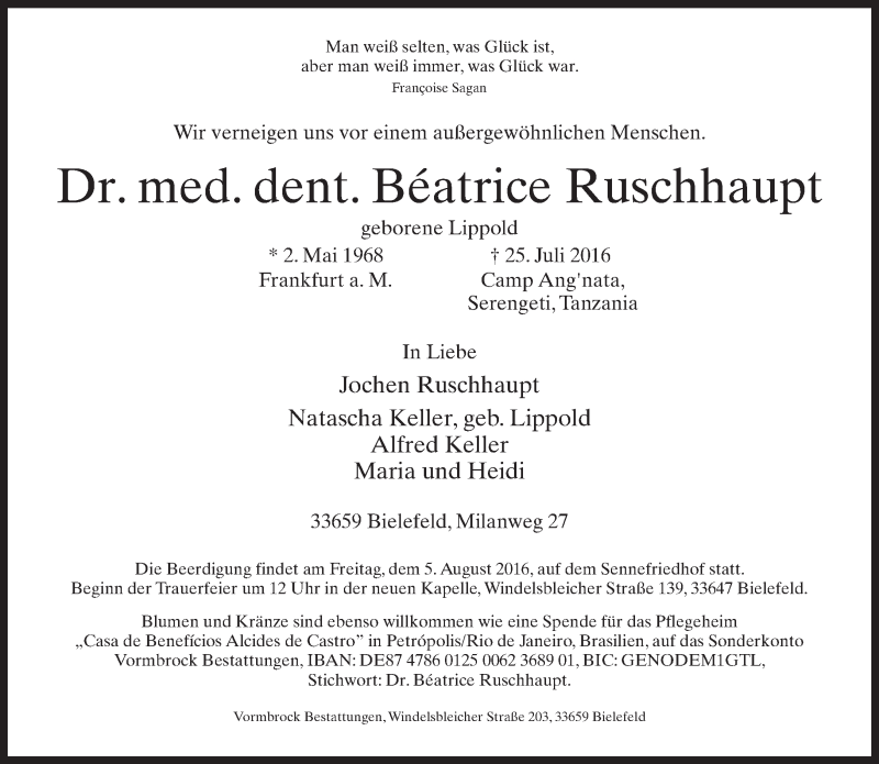  Traueranzeige für Béatrice Ruschhaupt vom 30.07.2016 aus Neue Westfälische