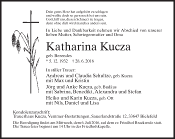 Traueranzeige von Katharina Kucza von Neue Westfälische