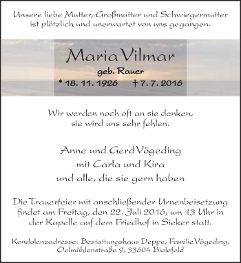 Traueranzeige von Maria Vilmar von Neue Westfälische