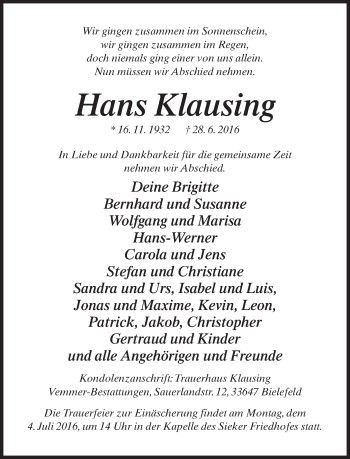 Traueranzeige von Hans Klausing von Neue Westfälische
