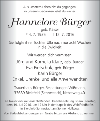 Traueranzeige von Hannelore Bürger von Neue Westfälische