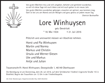 Traueranzeige von Lore Winhuysen von Neue Westfälische