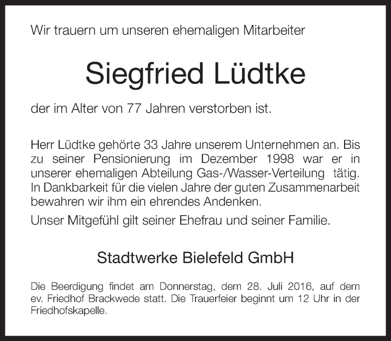  Traueranzeige für Siegfried Lüdtke vom 26.07.2016 aus Neue Westfälische
