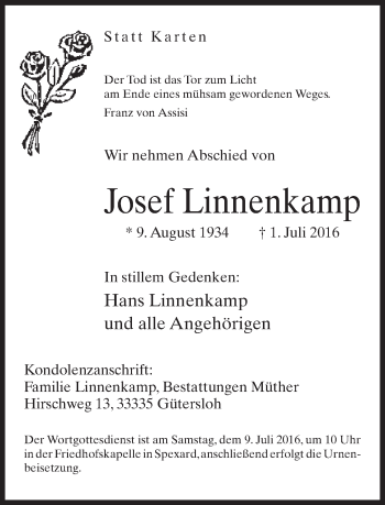 Traueranzeige von Josef Linnenkamp von Neue Westfälische