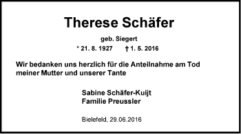 Traueranzeige von Therese Schäfer von Neue Westfälische