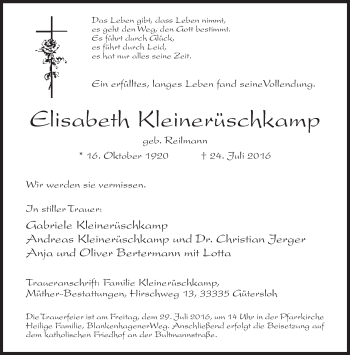 Traueranzeige von Elisabeth Kleinerüschkamp von Neue Westfälische