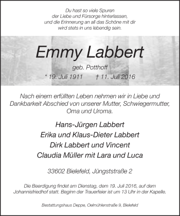 Traueranzeige von Emmy Labbert von Neue Westfälische
