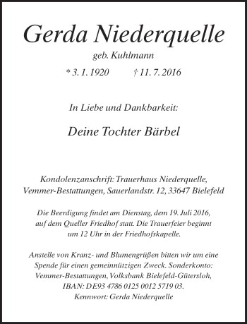 Traueranzeige von Gerda Niederquelle von Neue Westfälische