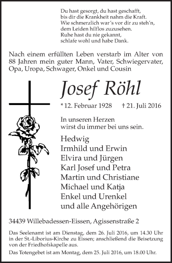 Traueranzeige von Josef Röhl von Neue Westfälische