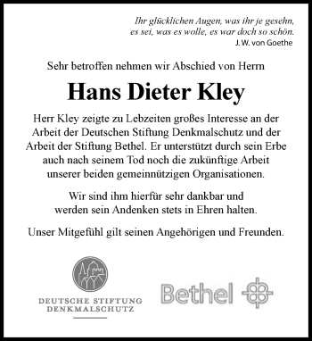 Traueranzeige von Hans Dieter Kley von Neue Westfälische