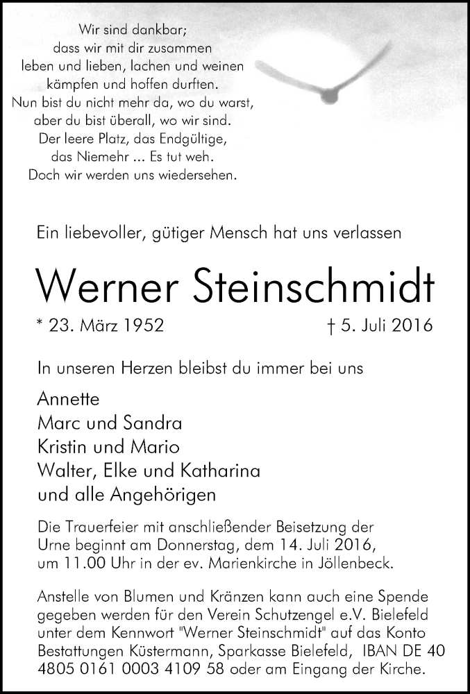  Traueranzeige für Werner Steinschmidt vom 09.07.2016 aus Neue Westfälische